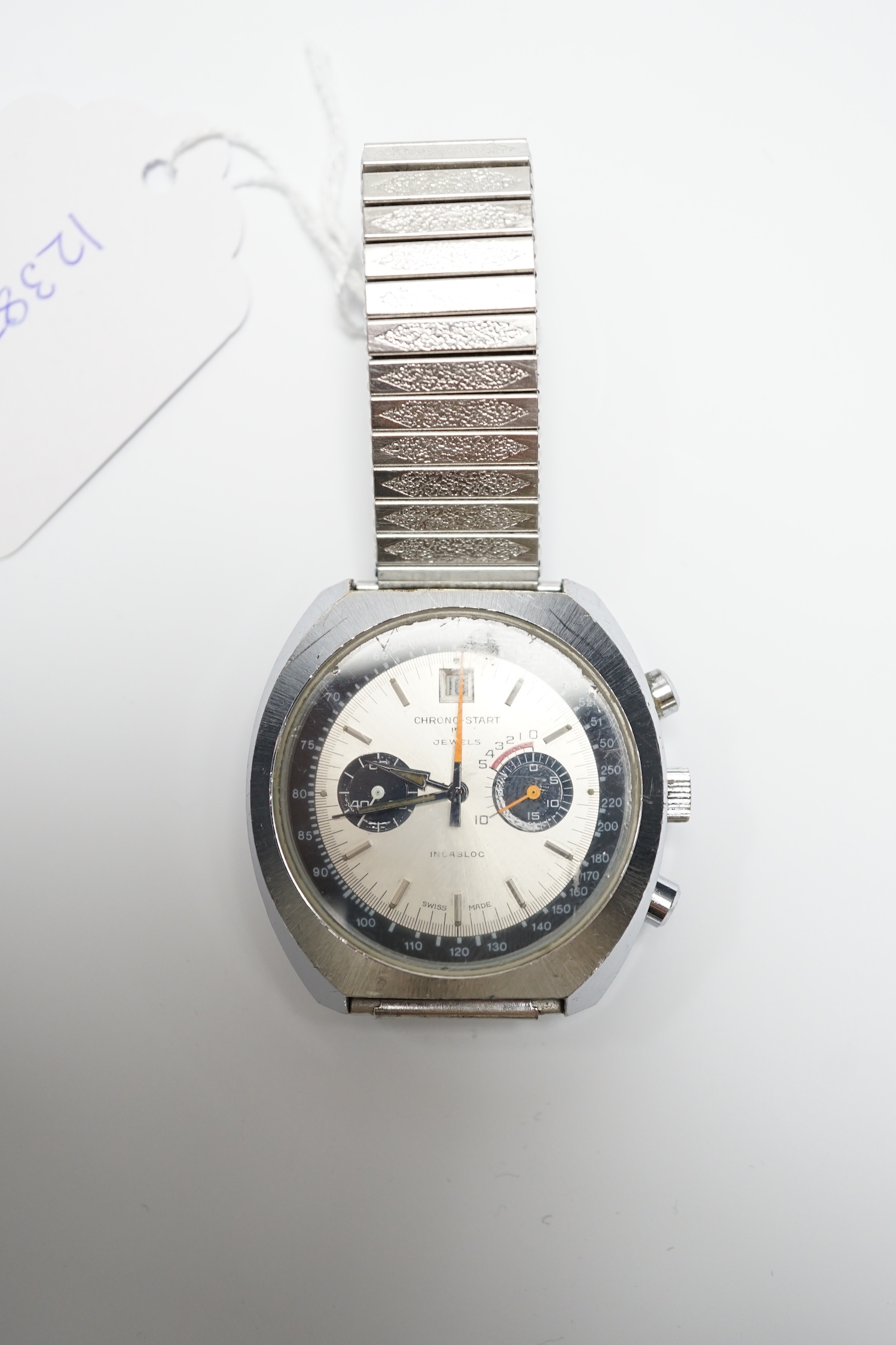 A 1970's Swiss stainless steel Chrono Start 17 jewel manual wind wrist watch, on an associated flexible strap.